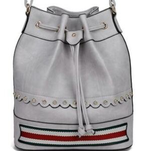 Women's Large Leather Gray Bucket-Style Multi-Textured Drawstring Closure Purse